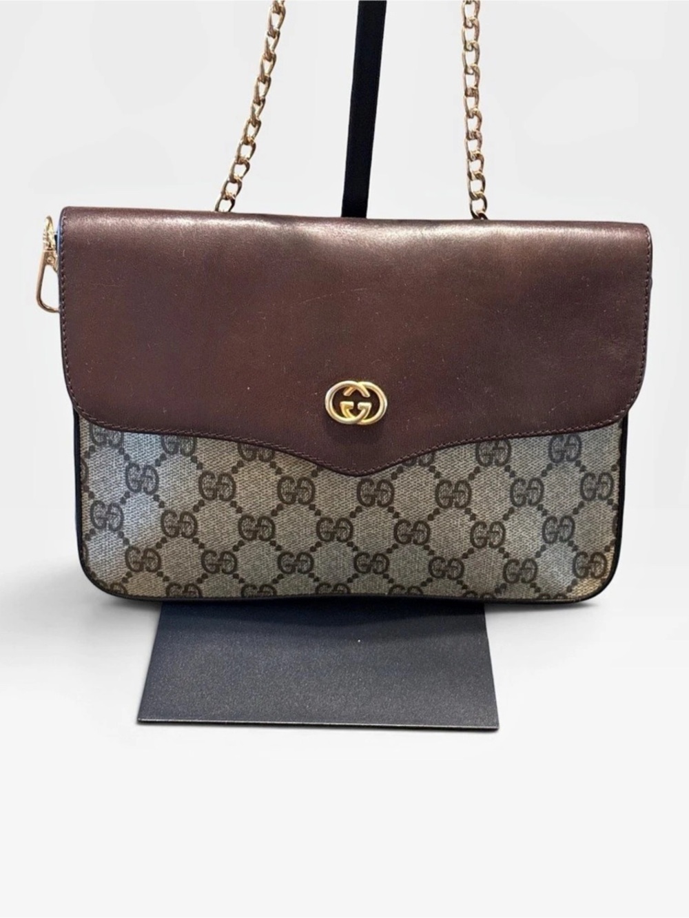 Gucci GG Supreme Authentic Brown Beige Gold Chain Shoulder Crossbody Clutch Bag